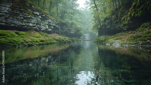 Tranquil River Flowing Through a Moss-Covered Landscape. Concept Nature Photography, Serene Rivers, Mossy Landscapes, Tranquil Settings, Outdoor Adventures