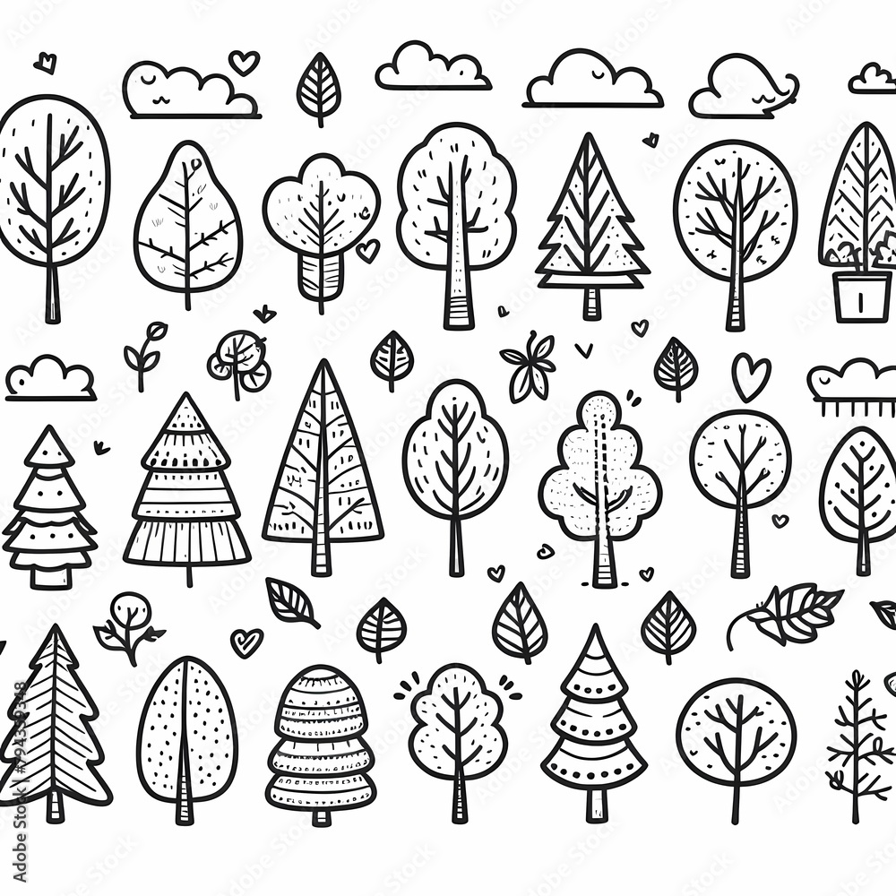 lovely set of autumn trees simple outline illustration without color