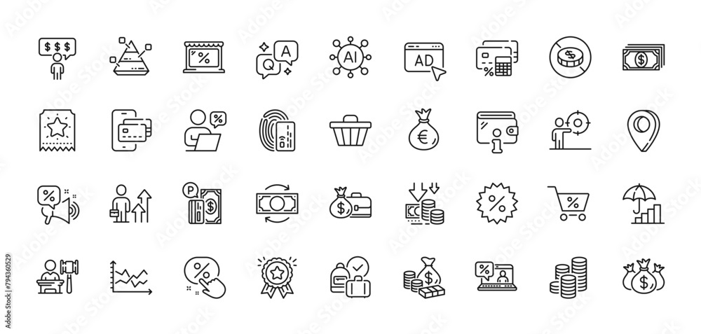 Money, Phone pay and Inflation line icons pack. AI, Question and Answer, Map pin icons. Money bag, Loyalty ticket, Check investment web icon. Coins, Wallet, Card pictogram. Vector Money, Phone pay and Inflation line icons pack. AI, Question and Answer, Map pin icons. Money bag, Loyalty ticket, Check investment web icon. Coins, Wallet, Card pictogram. Vector