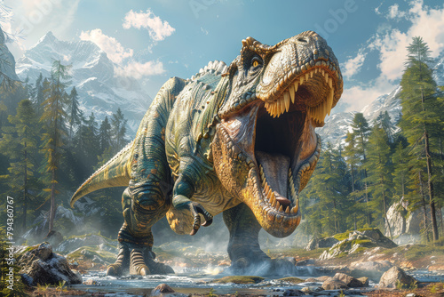 A towering Tyrannosaurus rex  its massive jaws open wide in a fearsome roar  ruling the ancient landscape. Concept of top predator in prehistoric era. Generative Ai.