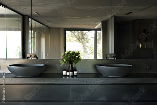 Contemporary modern bathroom interior in dark black colors and concrete elements.