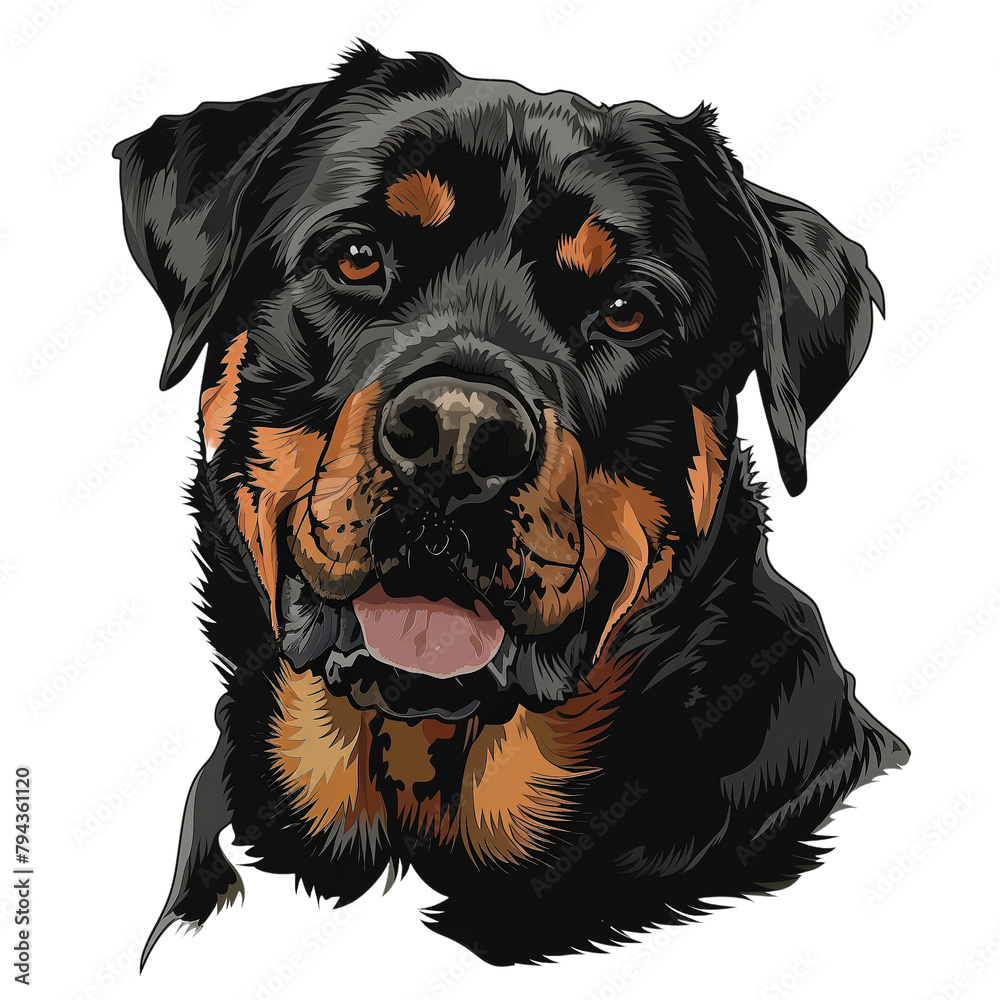 Obraz premium beautiful portrait of a Rottweiler, isolated on a transparant background, simple line drawing with colors. Beautiful portrait of an adult Rottweiler. Hand drawing of a dog.