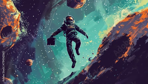 A businessman in a spacesuit leaps across the gap between two asteroids, a briefcase clutched in his teeth, his daring maneuver securing a vital partnership with a reclusive alien race photo