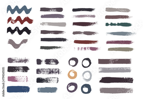 Paint brush strokes texture element bundle. Abstract brushes template set. Wiggle, line, circle, or color block graphic design pack. Grunge, rough, and artistic stroke. photo