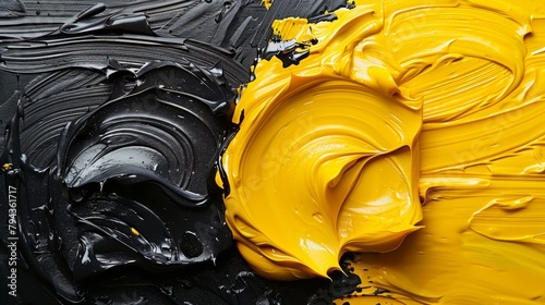   A close-up of yellow and black acrylic paint against a black-and-white background Separately, yellow and black acrylic paint on a black background photo