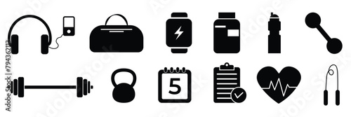Set of Fitness exercise, training activity, workout and stretching icon collection. Vector Illustration.