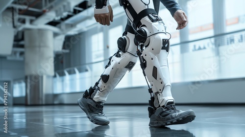 A man wearing a robotic exoskeleton walks down a hallway photo