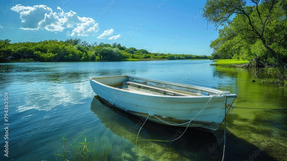 A fishing boat is securely anchored on the tranquil river on a sunny day