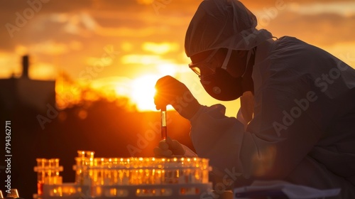 With the sun setting in the background the forensic scientist crouches over a test tube carefully mixing chemicals as they yze a sample. Their precision and attention to detail are .
