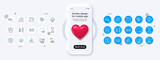 Phone mockup with 3d heart icon. Incubator, Electric bike and Analysis graph line icons. Pack of Time hourglass, Atm, Sunglasses icon. Opinion, No parking, Correct answer pictogram. Vector