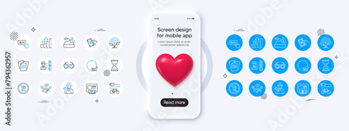Phone mockup with 3d heart icon. Incubator, Electric bike and Analysis graph line icons. Pack of Time hourglass, Atm, Sunglasses icon. Opinion, No parking, Correct answer pictogram. Vector