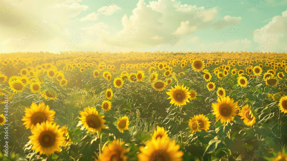 Obraz premium A field of yellow sunflowers with a bright blue sky in the background