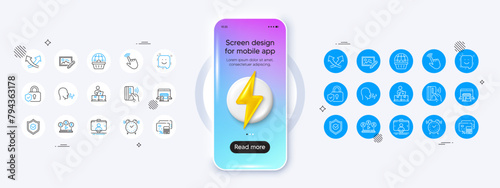 Approved shield, Video conference and Money calculator line icons. Phone mockup with 3d energy icon. Pack of Photo edit, Online storage, Smile icon. Vector