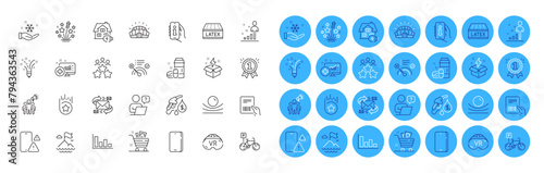 Brand ambassador, Phone and Latex mattress line icons pack. E-mail, Bicycle parking, Phone warning web icon. Online question, No internet, Medical drugs pictogram. Vr, Freezing, Stats. Vector