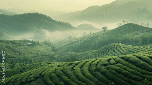 A lush green hillside with a misty fog rolling in