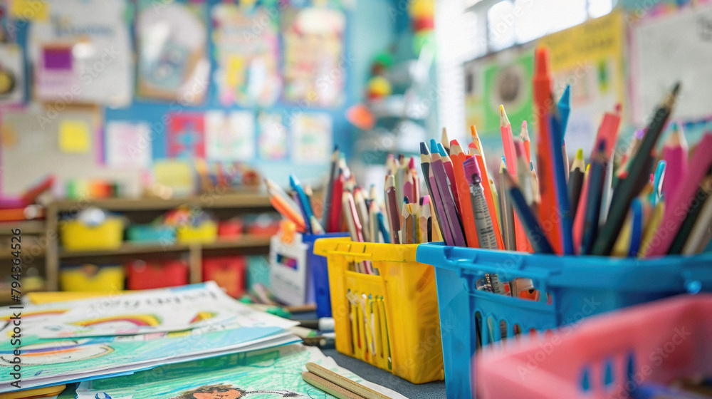 A classroom with a lot of pencils and a book titled 