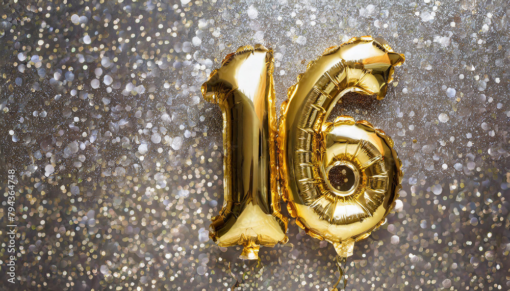 Banner with number 16 golden balloon. 16 years anniversary celebration. Silver glitter background.