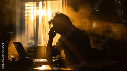 A silhouette of a person sitting at a desk in a dimly lit room with a beam of light shining through the window onto their face. The directors face is halfcovered by their hand as they . photo