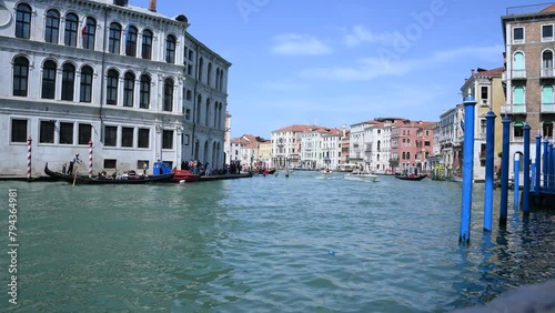 Canal view near the Rialto bridge, Venice, Italy. Boats and gondolas riding back and forth.