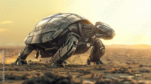 Amidst a wasteland, a cybernetic turtle moves slowly but is fortified with a hightech shell that protects against environmental hazards photo