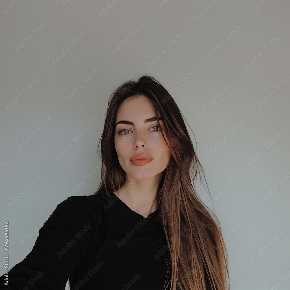 European woman in black clothes on a gray background. Authentic image of an attractive woman. European woman in black clothes on a gray background. Authentic image of an attractive woman.