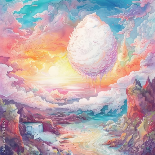 An egg disguised as a fluffy cloud drifts above a fantasy landscape, painted in soft, surreal colors, kawaii, bright water color photo