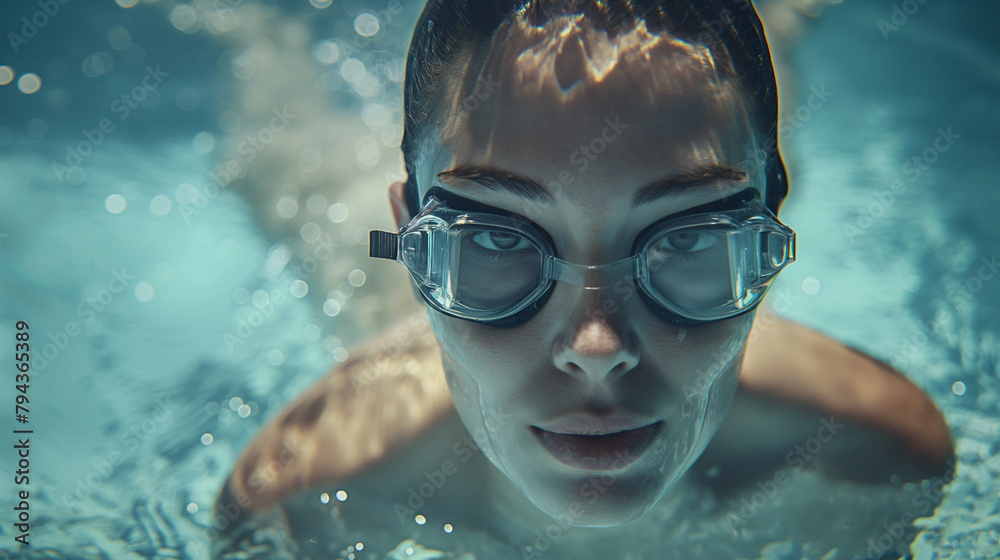 Close-up capture of a sportive young girl immersed in the joy of swimming under water, her vibrant eyes gleaming through swimming goggles, water sports