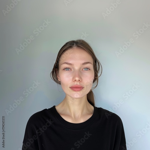 European woman in black clothes on a gray background. Authentic image of an attractive woman.