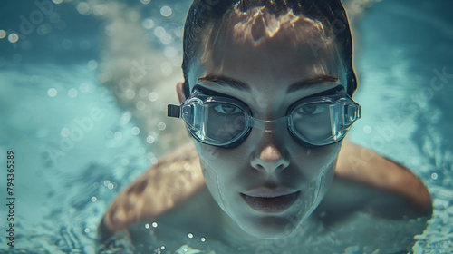 Close-up capture of a sportive young girl immersed in the joy of swimming under water, her vibrant eyes gleaming through swimming goggles, water sports