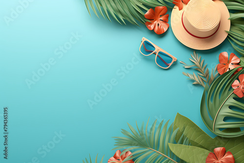 Flat design of a tropical beach with lush flowers, palm fronds, and a serene blue sea, under a bright, cloud-dotted sky. Generative AI