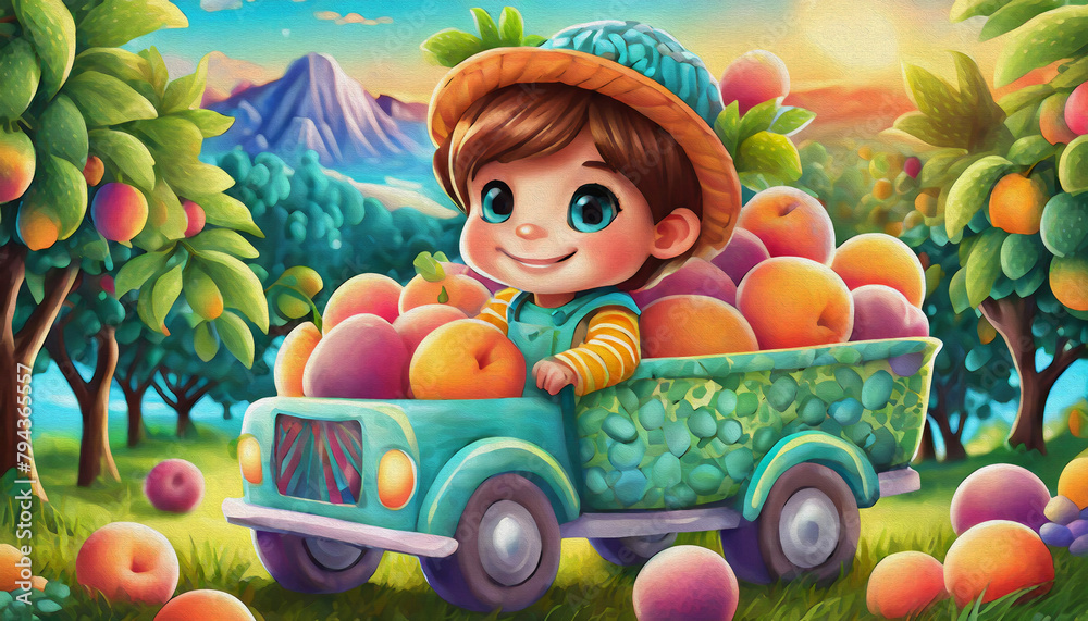 Obraz premium OIL PAINTING STYLE CARTOON CHARACTER CUTE BABY boy a Cargo truck carrying peach fruit in an orchard with sunset,
