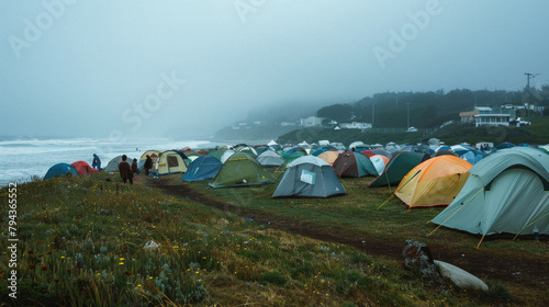 A group of tents are set up on a beach  with a few people walking around
