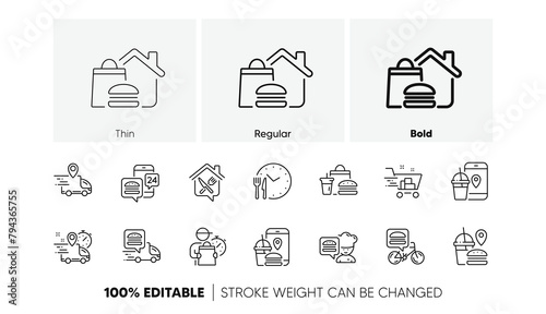 Courier, Deliveryman, Grocery retail. Food delivery line icons. Delivery truck, meal bag, home food order icons. Cart deliver, contactless service, courier location. Fast food package. Vector