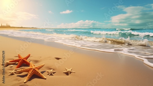 Sea starfish sand beach sun summer.