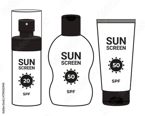 Set of sunscreen cosmetic products with SPF for skin care. Isolated black and white vector illustration