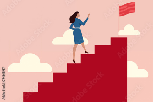 Business graphic vector modern style illustration of a business person climbing stairs reaching for a goal taking steps in career progressing up ladder to top