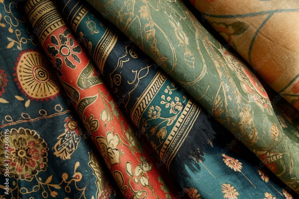 Close-up of vibrant, intricate Indian textiles showcasing traditional patterns and colorful fabric craftsmanship with a focus on the rich cultural heritage of India Close-up of vibrant, intricate Indian textiles showcasing traditional patterns and colorful fabric craftsmanship with a focus on the rich cultural heritage of India