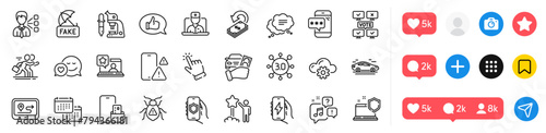 Feedback, Online rating and Phone warning line icons pack. Social media icons. Rent car, Software bug, Car web icon. Gps, Star, Text message pictogram. Third party, Cursor, Charging app. Web3. Vector