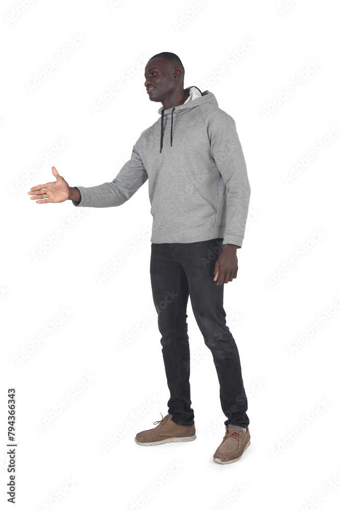 side view of a man shaking hands with an imaginary person on white background side view of a man shaking hands with an imaginary person on white background