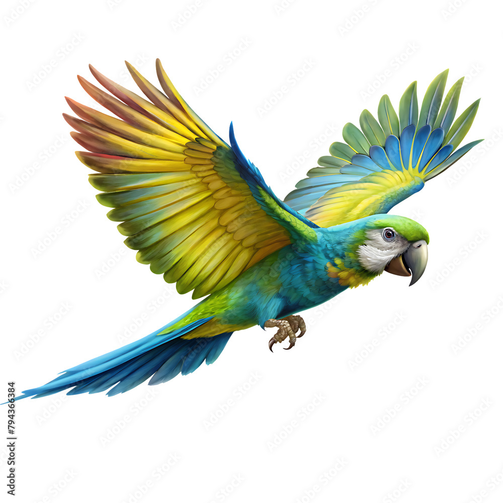 flying parrot on a white background PNG. AI GENERATED