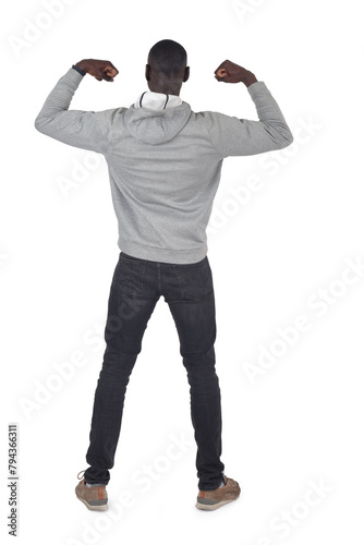 back view of a man showing two bicep on white background