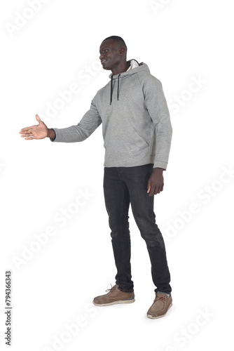 side view of a man shaking hands with an imaginary person on white background