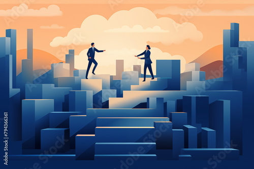 Business graphic vector modern style illustration of a business person climbing stairs reaching for a goal taking steps in career progressing up ladder to top