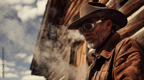 A cowboy with a leather jacket and goggles fixes a steam pipe on the side of the ranch house the soft hissing of steam adding to the eerie atmosphere. .