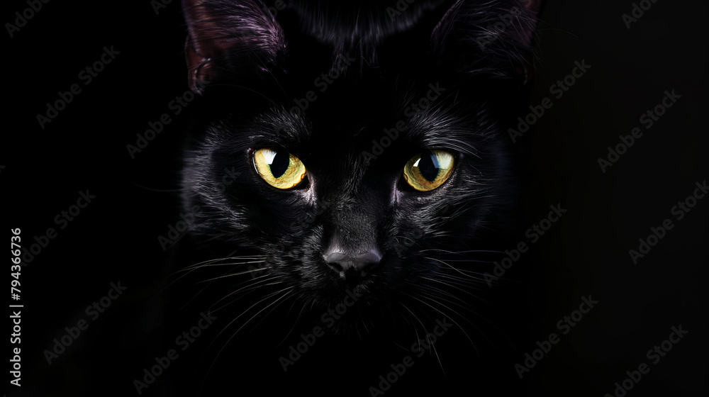 Black cat on black background with bright yellow eyes