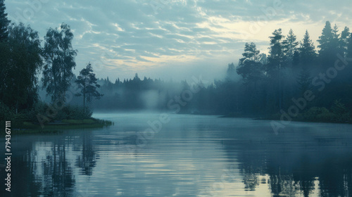 A calm lake with a cloudy sky in the background