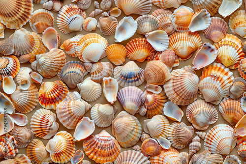 Collection of various seashells in a seamless pattern