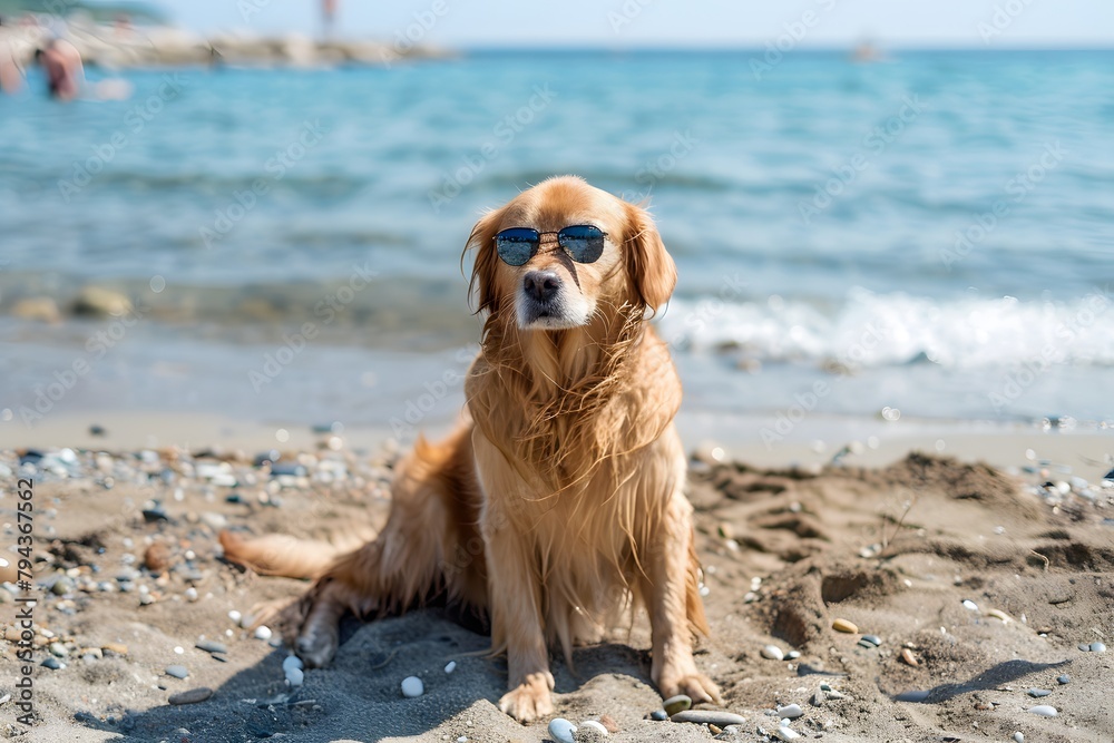 dog with sunglasses enjoying the day on the beach, vacation or holiday summer concept