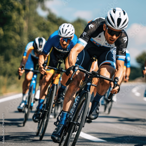 Close-up of a group of cyclists with professional racing sports gear riding on an open road cycling route