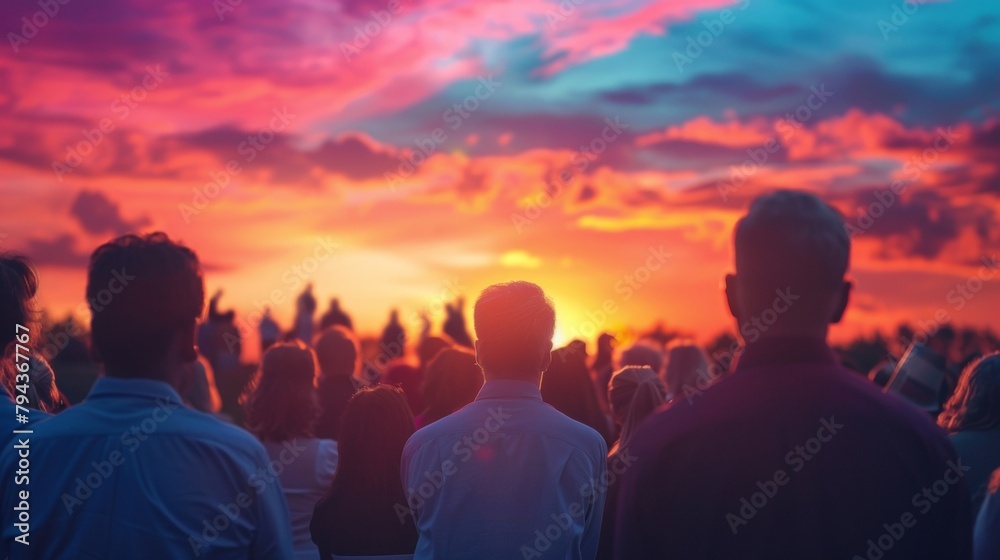 Against the backdrop of a vividly colored sky a congregation gathers for a religious ceremony at dusk. From the back we see a diverse . .